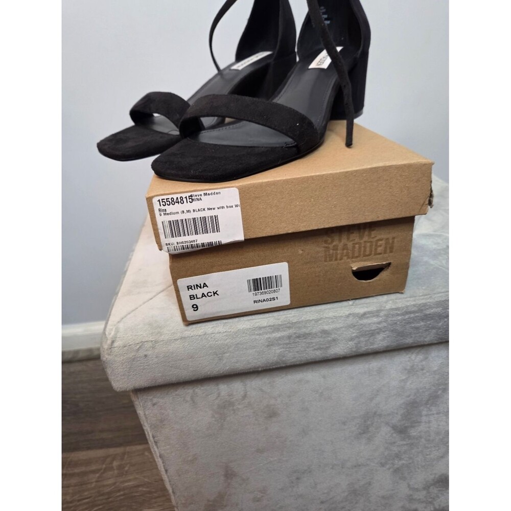 Steve Madden R8na Black Suede Strappy Block Heel Sandals, Size 9